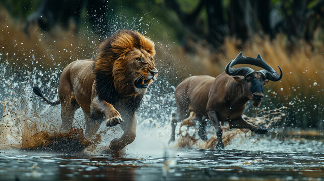 Lion chasing a wildebeest through a creek in Africa. Wild life in action.