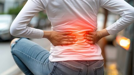  woman holding her lower back while and suffer from unbearable pain health and problems, chronic back pain, backache in office syndrome, scoliosis, herniated disc, muscle inflammation