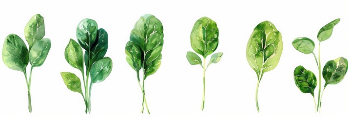 Set of watercolor spinach leaves on white background  - obrazy, fototapety, plakaty
