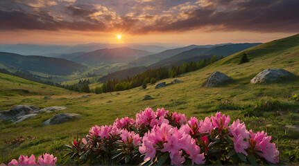 Colorful Carpathian mountains landscapes in Ukraine Europe featuring a lawn with pink rhododendron flowers.generative.ai - obrazy, fototapety, plakaty