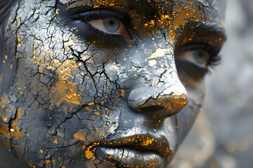 black and gold bodypainting and makeup on the face of a beautiful model. fashionable beauty and glamor