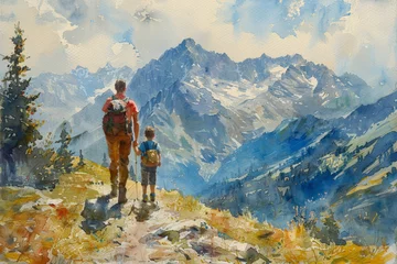 Fotobehang A couple with a baby hiking on top of a mountain, watercolor illustration  © fotogurmespb