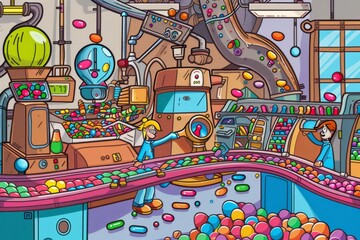  Cartoon cute doodles of a candy factory where workers operate conveyor belts of candy bars, gumball machines, and chocolate fountains, Generative AI