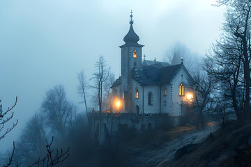 light in the windows of the Catholic Church against the backdrop of evening fog in the mountains. religion and christianity - 767614167