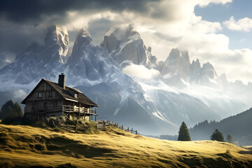 lonely old house against the backdrop of a very beautiful mountain landscape - 767614313