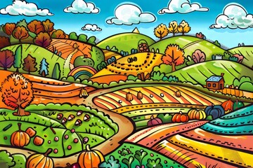 Obraz na płótnie Canvas Cartoon cute doodles of a candy farm with fields of candy corn, pumpkin patches of chocolate, and apple orchards of caramel, Generative AI