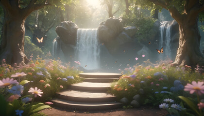 3d render of podium display with fairytale nature background and beautiful flowers