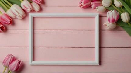Stylish flowers lie on a pink background with space for text. . Frame of beautiful tulips and spring flowers, greeting card template. Floral banner