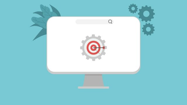 SEO concept animated with computer screen and target to get high ratings, animated background