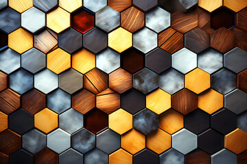 hexagonal colored mosaic background of different types of wood. abstract background geometric texture - 767614514