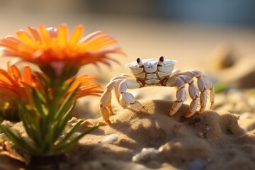 Crab crawls on the beach near the sea