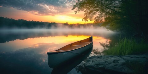 A single canoe rests on the calm waters of a misty lake reflecting the golden sunrise and the surrounding forest. Resplendent.