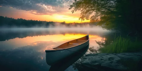 Papier Peint photo Lavable Réflexion A single canoe rests on the calm waters of a misty lake reflecting the golden sunrise and the surrounding forest. Resplendent.