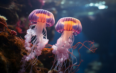 tropical brightly colored jellyfish in the warm waters of the sea. Undersea world. - 767614762