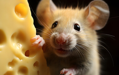 The hamster mouse gnaws and eats cheese. rodents and pests. fauna and biology - 767614766