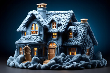model of a private residential knitted colored house with a warm scarf on the table. the concept of warmth and comfort in the home. construction and architecture - 767614903