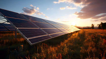 solar energy panels in a field at sunset. renewable energy concept. ecology. energy industry - 767614912