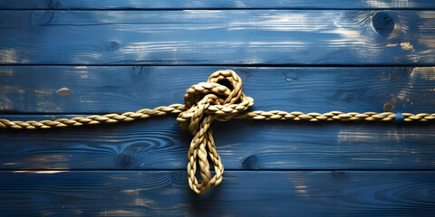 Rope on a wooden background. Rope tied in a knot - 767614935