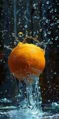 close-up A of ripe 1 orange, with water droplets, falling into a deep black water tank, underwater photography, contrast enhancement, natural slow motion capture, dynamic composition & copy space. - 767614948