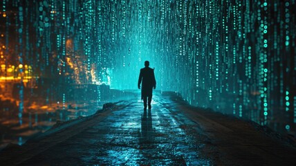 The picture of the single person that has been walking into the endless walkway that has been raining with the digital matrix green binary rain of code that seem like person search something. AIGX01. - obrazy, fototapety, plakaty
