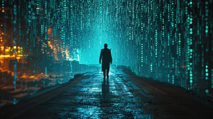 Foto op Plexiglas The picture of the single person that has been walking into the endless walkway that has been raining with the digital matrix green binary rain of code that seem like person search something. AIGX01. © Summit Art Creations
