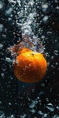 close-up A of ripe 1 orange, with water droplets, falling into a deep black water tank, underwater photography, contrast enhancement, natural slow motion capture, dynamic composition & copy space. - 767614956