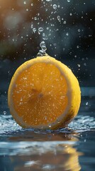 close-up A of ripe 1 Lemon, with water droplets, falling into a deep black water tank, underwater photography, contrast enhancement, natural slow motion capture, dynamic composition & copy space. - 767614968