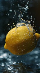 close-up A of ripe 1 Lemon, with water droplets, falling into a deep black water tank, underwater photography, contrast enhancement, natural slow motion capture, dynamic composition & copy space. - 767614970