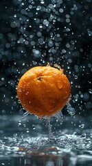 close-up A of ripe 1 orange, with water droplets, falling into a deep black water tank, underwater photography, contrast enhancement, natural slow motion capture, dynamic composition & copy space. - 767614979