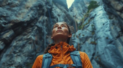adventurous young woman in an orange jacket gazing up at towering gray cliffs