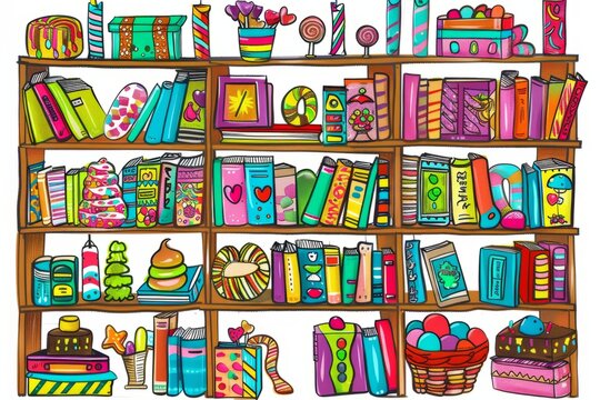 Cartoon cute doodles of a candy library filled with books made of candy wrappers and shelves stocked with candy-themed novels and cookbooks, Generative AI