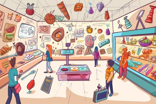 Cartoon cute doodles of a candy museum showcasing exhibits on the history of candy, from ancient civilizations to modern inventions, Generative AI