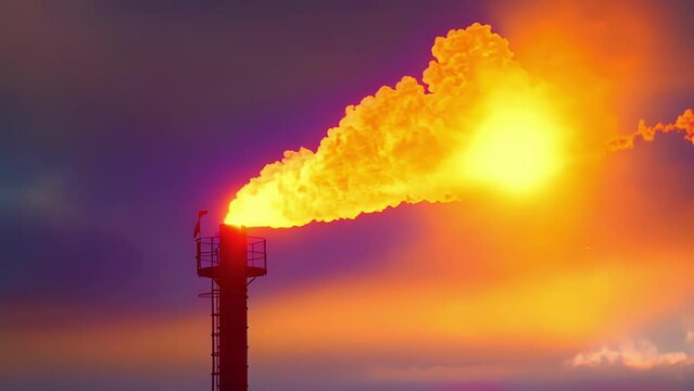 A flare stack burning off excess natural gas creating a bright flame and loud roaring noise.