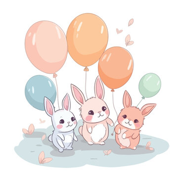 Cute little rabbits with eggs painted and balloons