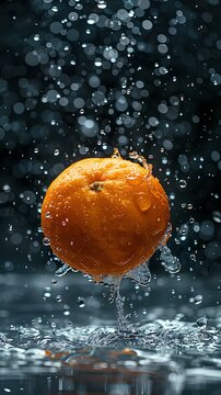 close-up A of ripe 1 orange, with water droplets, falling into a deep black water tank, underwater photography, contrast enhancement, natural slow motion capture, dynamic composition & copy space.