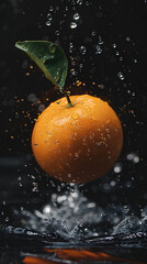 close-up A of ripe 1 orange, with water droplets, falling into a deep black water tank, underwater photography, contrast enhancement, natural slow motion capture, dynamic composition & copy space. - 767615103