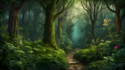 Enchanted forest with lush vegetation in a digital painting background.generative.ai