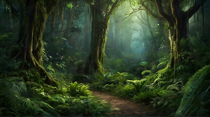 Enchanted forest with lush vegetation in a digital painting background.generative.ai - obrazy, fototapety, plakaty