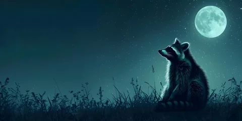 Fotobehang Enigmatic Nocturnal Raccoon Foraging Under the Mystical Moonlit Landscape With Whimsical Starry Sky © Thares2020