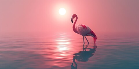 Flamingo Elegantly Standing in Serene Sunset Waters with Peaceful Reflection