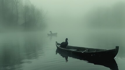  A few ducks perched atop a boat amidst a foggy lake