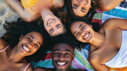 Diverse Friends Laughing on Beach Towel - obrazy, fototapety, plakaty