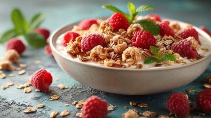  A bowl of granola, topped with fresh raspberries and mint leaves, sits on a blue background dotted with additional raspberries