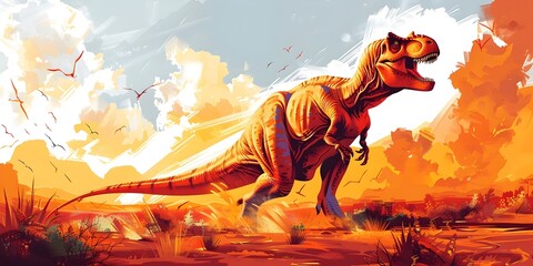 a powerful Tyrannosaurus Rex dinosaur character stomping through a vast prehistoric landscape