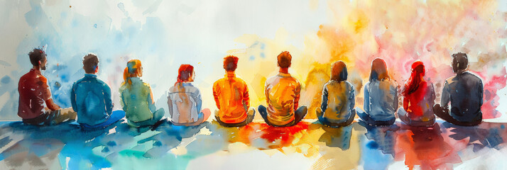 A Watercolor Painting of a Diverse Group of People Sitting in a Circle, watercolor illustration 