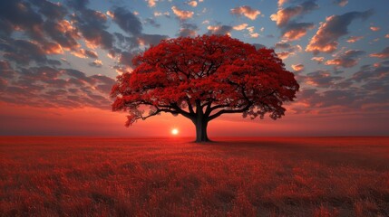  Red tree in field, sun sets, clouds in sky