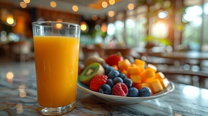  Clear glass of OJ, fruits on table, blurred BG in restaurant