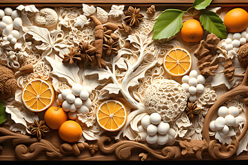 assorted decorative Christmas cookies and oranges. dessert and holiday baking. creative handmade - 767615544
