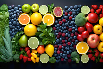 harvest different fruits berries and vegetables on a dark background. products and food. view from above - 767615560