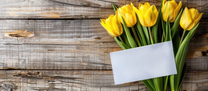 Fresh yellow tulips and an Easter greeting card are placed on a wooden background, viewed from the top with space for text.